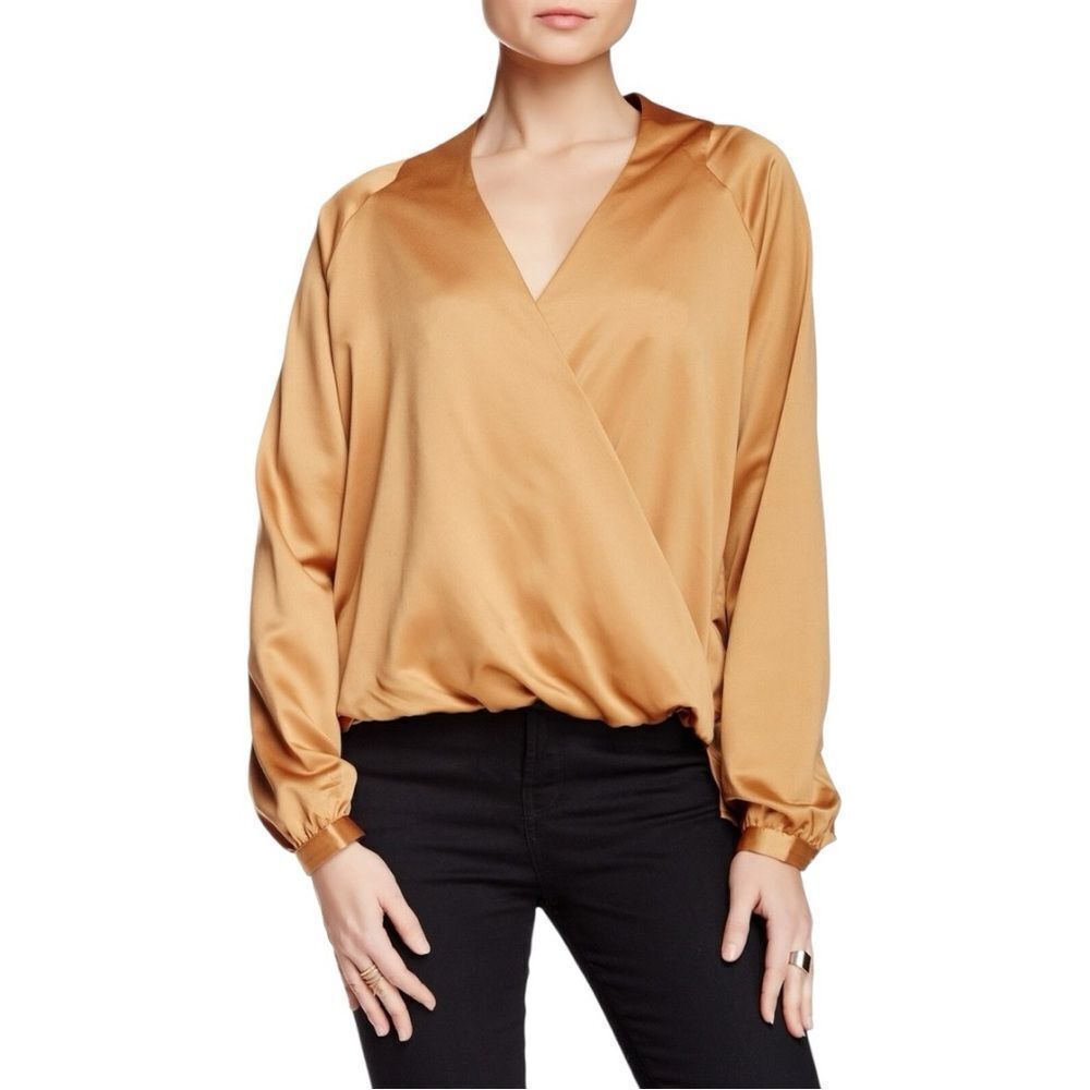 Harlowe & Graham Surplice Wrap Blouse XS Caramel Hi-Lo Long Sleeve Top